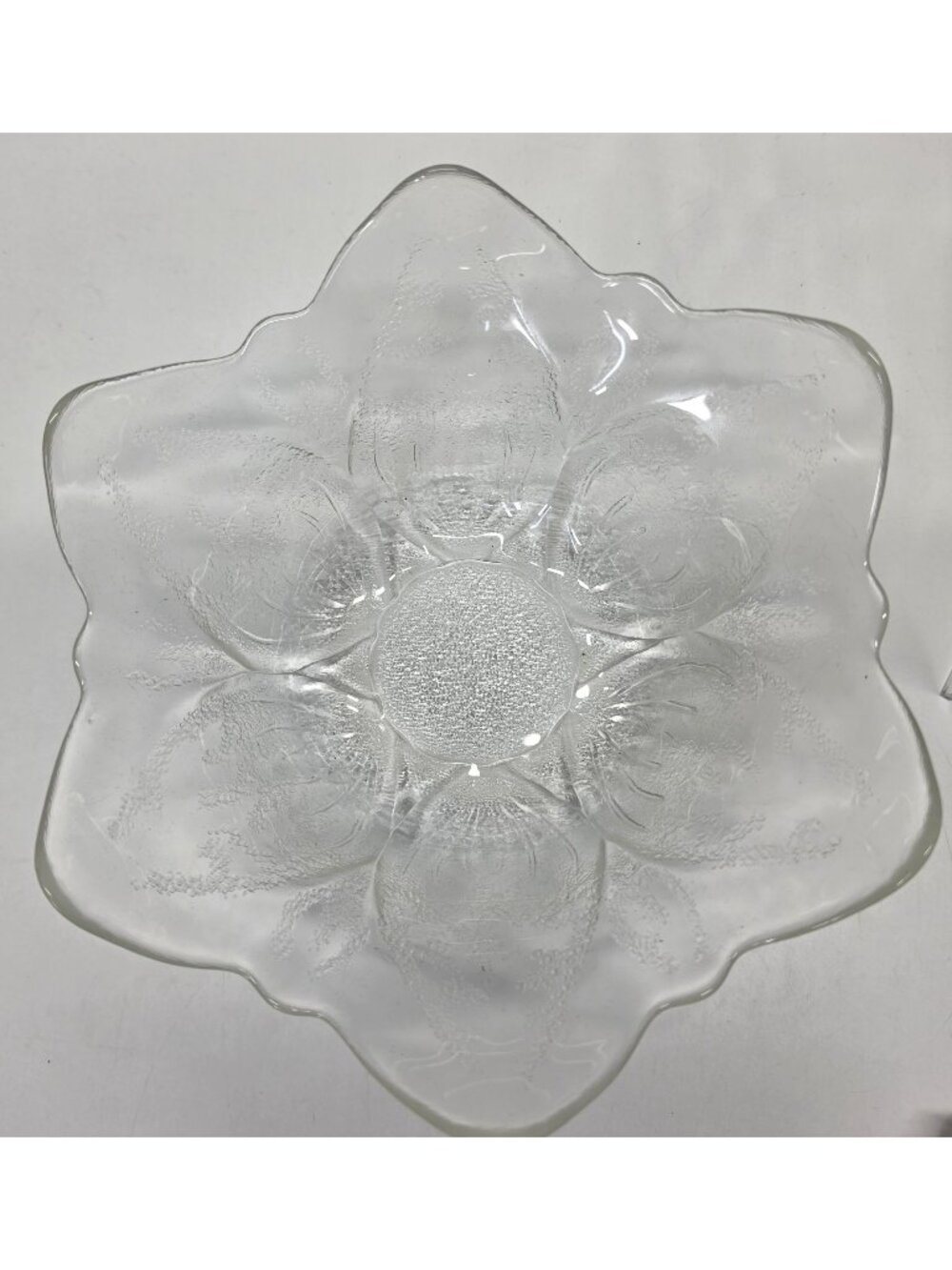 Vintage Clear Pressed Glass Flower Bowl 8” Six Petal Scalloped Serving Dish